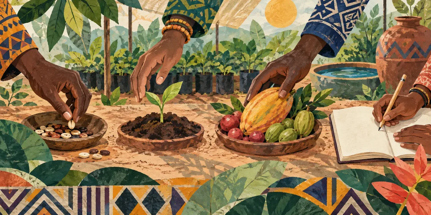 Illustration conceptuelle de personnes observant des graines, une jeune plante et des récoltes tout en consignant leurs observations.