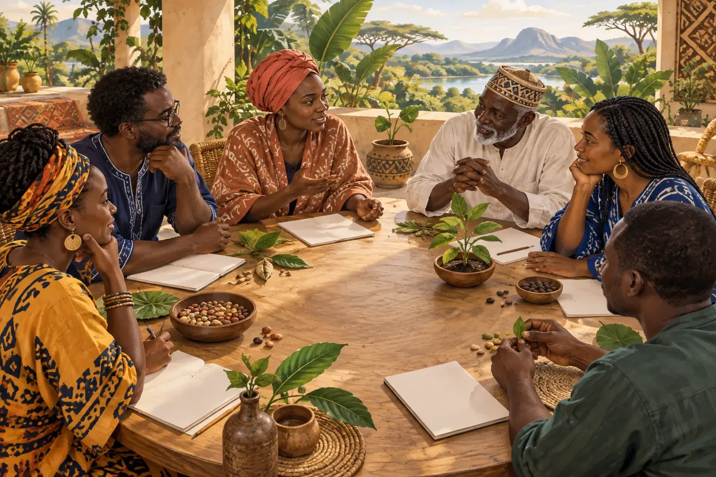 Illustration conceptuelle d’un groupe africain échangeant autour de graines, de plantes et d’observations territoriales.