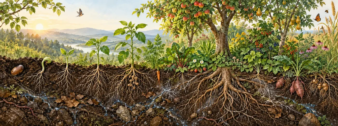 Illustration conceptuelle des racines, de l’eau et des strates végétales d’un territoire nourricier diversifié.