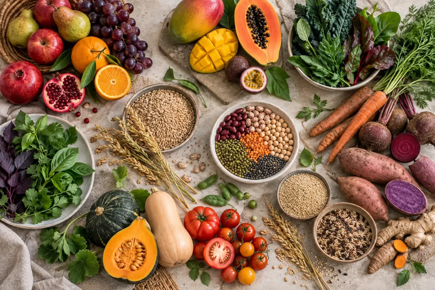 Illustration conceptuelle de la diversité des récoltes : fruits, feuilles, grains, légumineuses, racines et tubercules.