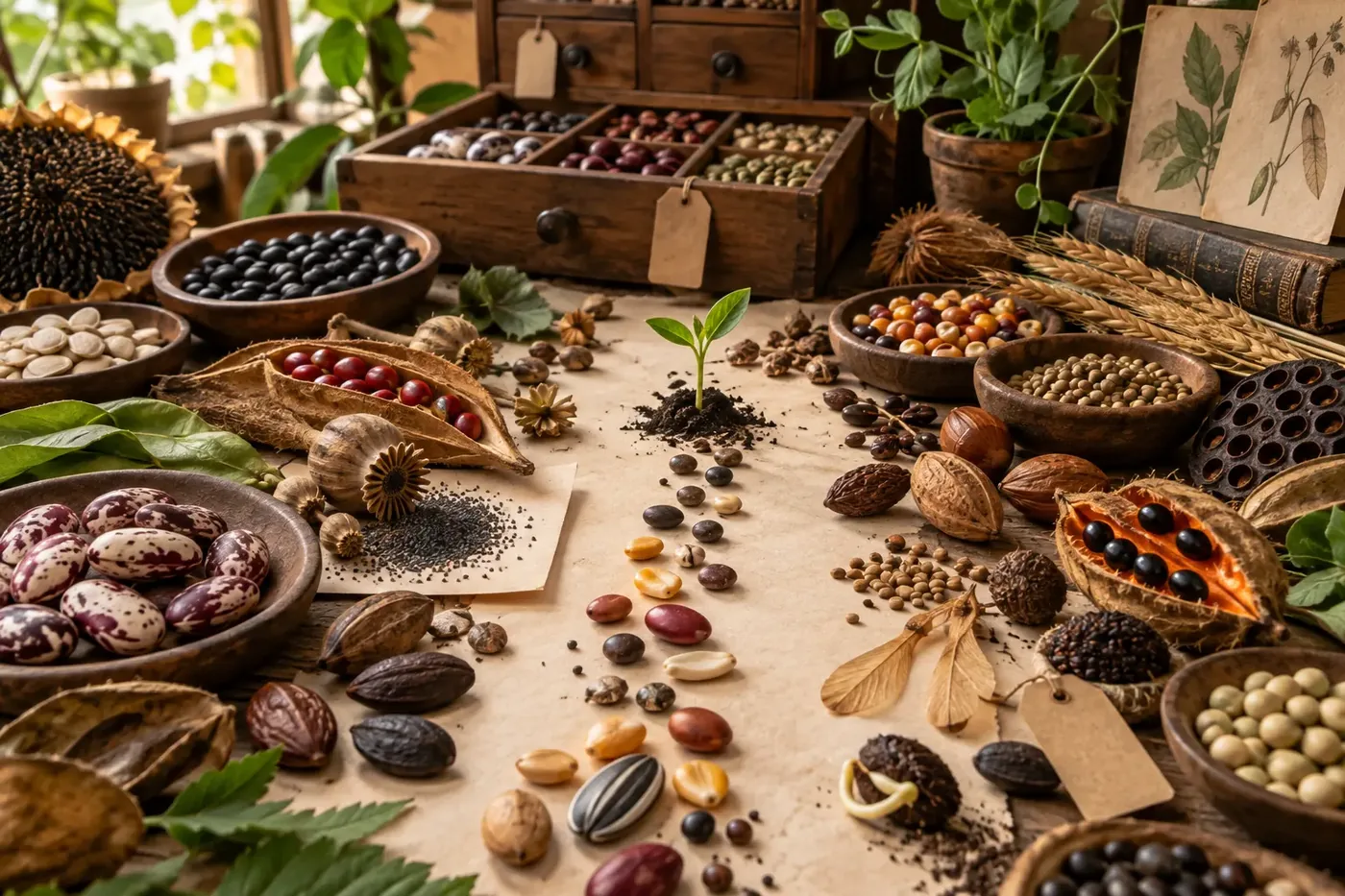Illustration conceptuelle d’une diversité de graines naturelles présentées autour d’une jeune pousse, dans un espace de sélection et de documentation.